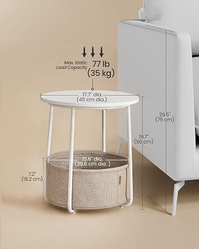 VASAGLE LILEA Collection - Small Round Side End Table, Modern Nightstand with Fabric Basket, Matte White and Camel Brown ULET223W10 thumbnail 3
