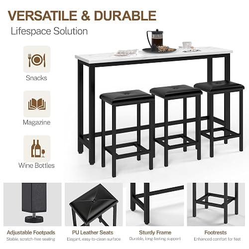 COCLUB Bar Table Set for 3, 60.2” Faux Marble Behind Couch Table Set, Modern Sofa Table with 3 Upholstered PU Stools, Space-Saving Bar Tables and Stools for Home, Apartment, Small Spaces (Black) thumbnail 5