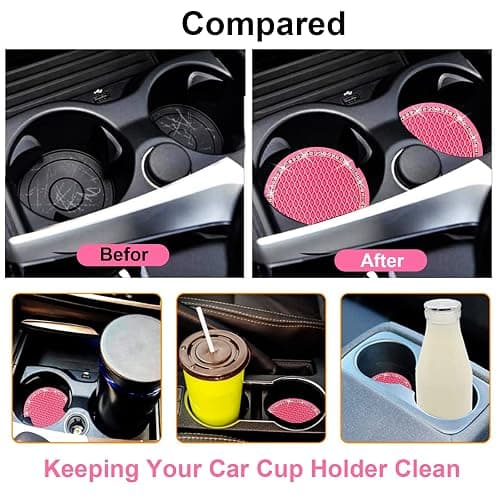 2PCS Bling Car Cup Coaster, 2.75 Inch Auto Cup Holder Insert Coasters Silicone Anti-Slip Crystal Rhinestone Drink Mat, Universal Vehicle Interior Accessories for Women Girls (Pink) thumbnail 2