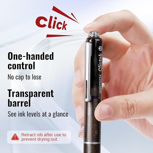 WRITECH Clictek Fountain Pen Retractable: Medium Nib Blue Ink Transparent Barrel Includes 5 Refillable Ink Cartridges, Smooth Writing No Leaking thumbnail 4