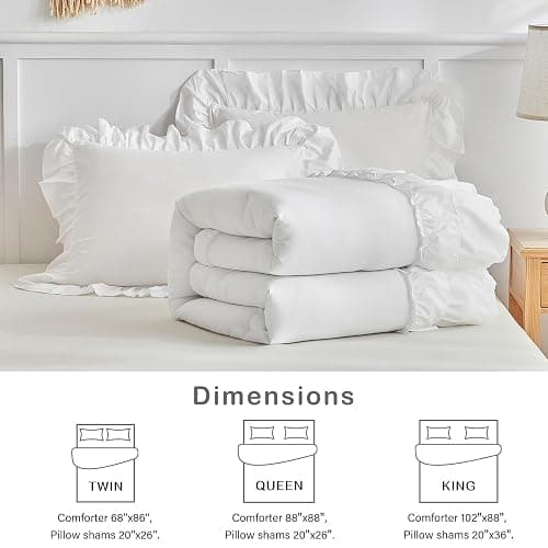 White Ruffle Comforter Set King Size, 3 Pieces Vintage Farmhouse Shabby Chic Comforters, Solid Color Lightweight Soft Fluffy Bedding Sets for All Season (1 Ruffled Comforter + 2 Pillow Shams) thumbnail 6