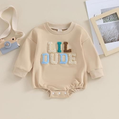 VISGOGO Newborn Infant Baby Boy Girls Oversized Romper Little Dude Sweater Onesie Coming Home Outfit Neutral Clothes - 0-3 Months - Khaki-little Dude thumbnail 2