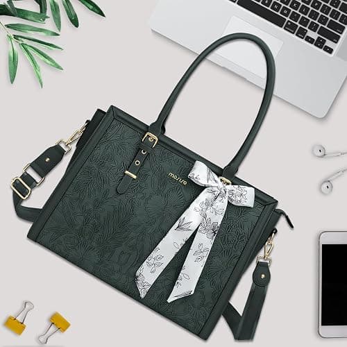 MOSISO Laptop Bag for Women, PU Leather Tote Bag, Front Embossed Retro Hibiscus Computer Bags with Silk Scarf&Clutch Purse thumbnail 7