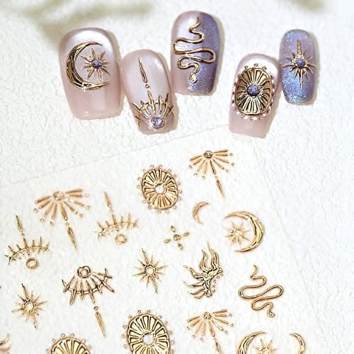 5D Embossed Gold Nail Art Stickers Star Nail Stickers for Nail Art Moon Star Nail Decals Snake Nail Design Gold Nails Supplies for Women Girls DIY Nails Decoration Accessories thumbnail 5