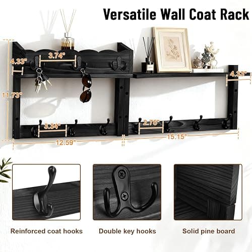 28-Inch Wood Wall Mounted Coat Rack with Shelf, 7 Hooks, 3 Key Holder | All-in-one entryway organizer featuring a top wood shelf, mail holder, 7 sturdy coat hooks, and 3 key hangers for home thumbnail 2