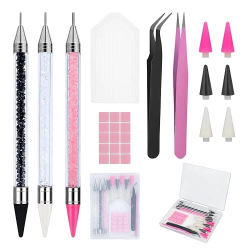14PCS Rhinestone Picker Tool Kit for Nail Art, Diamond Painting and Bedazzling, 3 Dual-Ended Pens with Wax and Metal Tips, 6 Replaceable Heads, Includes 2 Tweezers, Clay, Tray and Storage Case - Image 1