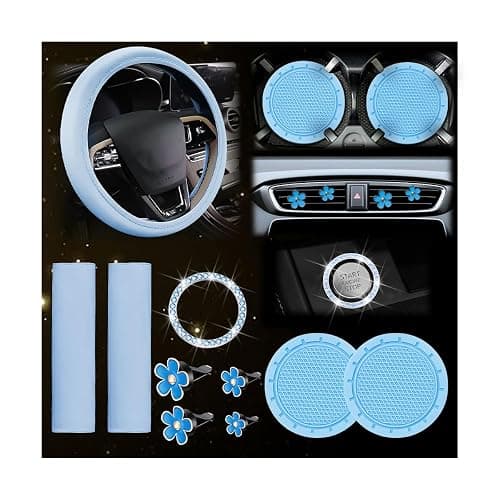 KHGUZ 10PCS Car Accessories Set, Vehicle Steering Wheel Cover Seatbelt Protector Cup Holder Coaster Push Start Button Cover Flower Auto Air Vent Clip, Universal for SUV, Truck, RV (Blue) - Image 1