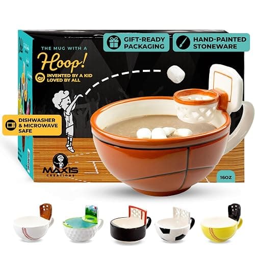 MAX'IS Creations The Mug with a Hoop Basketball Mug Funny Ceramic Coffee Mugs Cereal Bowl Sports Coach Kids Basketball Gifts for Boys 8-12 12-14 Girls Stuff Accessories Mini-Hoop for Kids, 16oz - Image 1
