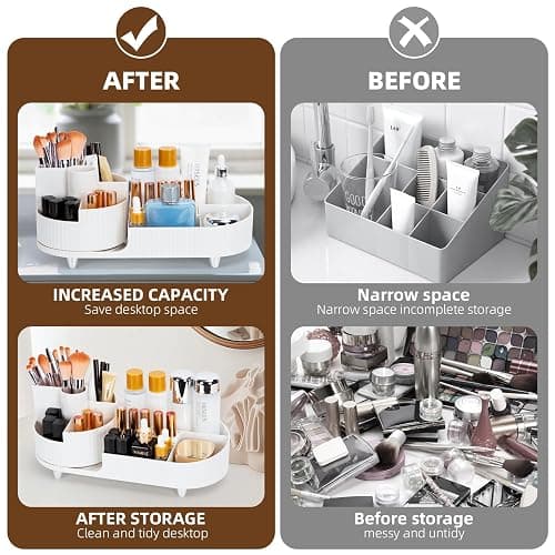Cinnani Make Up Kosmetik Organizer, 360°Drehbarer Beauty Organizer, Multifunktionale Kosmetikaufbewahrung für Frisiertisch, Bad und Schlafzimmer - Weiß thumbnail 6