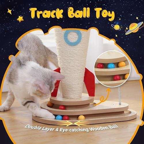 PETEPELA Cat Scratching Post, Rocket Sisal Cat Scratcher, 24.8'' Cute Scratching Post with 2-Layers Wooden Track Cat Toys & Spring Pompom for Indoor Cats Adults thumbnail 5