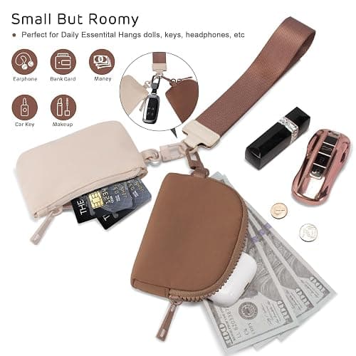 Viverte Mini Zip Around Keychain Wristlet Wallets Small Portable Dual Pounch Wristlet Detachable Coin Purse Pocket Gifts for Women Travel Sports Outdoors (Beige+Brown) thumbnail 4