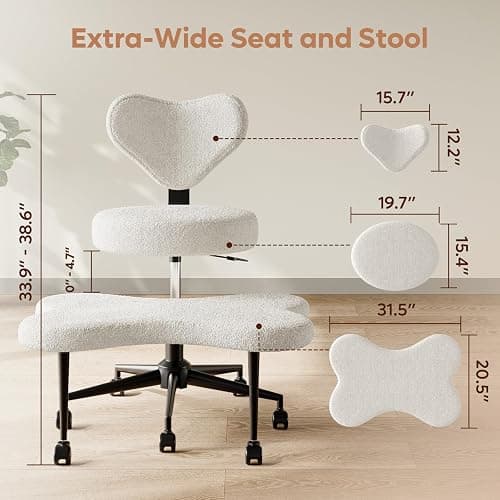 Pinmoco Ergonomic Cross Legged Chair, 360° Swivel Meditation Chair with Wheels, Height Adjustable Seat for ADHD, Strong Lumbar Support, Chic Home Office Furniture, Teddy Fabric, Off White thumbnail 2