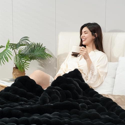 Super Comfort Oversized Warm Thick Bubble Luxury Plush Rabbit Faux Fur Throw Blanket, Fluffy Blanket,Soft Cozy Blanket for Couch Chair Bed Sofa Living Room (Black, 50inX60in) thumbnail 4
