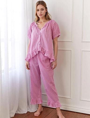 Flygo Womens Plaid 2 Piece Pajamas Sets Gingham Button Down Puff Sleeve Babydoll Shirt Ruffle Pants Y2K Pjs Lounge Set thumbnail 2