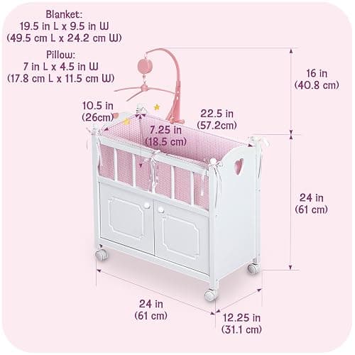 Badger Basket Wooden Toy Doll Bed with Storage, Mobile, and Bedding to Pretend and Play - Includes Wheels and Free Personalization Kit - White with Pink Gingham Fabric thumbnail 3