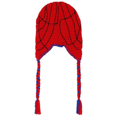 Marvel Spider-Man Crochet Peruvian Beanie MayDay Inspired, Hand-Woven Winter Knit Cap with Braided Tassels, Red and Blue thumbnail 3