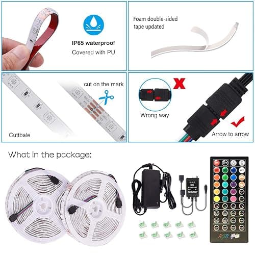 Kousee LED Strip Lights 32.8FT, IP65 Waterproof LED Lights Strip with Music Remote Control, 5050RGB Color Changing Light Strip, Easy Installation LED Lights Strip for Bedroom, Ceiling, Kitchen thumbnail 7