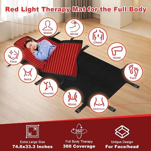 fyovuv Red Light Therapy Mat for Full Body, 74.6'' X 33.3'', 2570 LEDs, Black, Fabric, Adjustable Timer & Intensity thumbnail 2