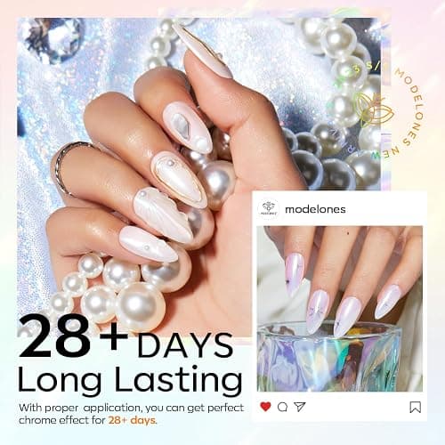 Modelones Chrome Nail Powder Set -4 Pearl Effect Pigment White Silver Chrome Powders for Gel Nails, with 1Pcs Silicone Nail Brushl, 4Pcs Cotton Swabs and 4Pcs Color Display Sticks thumbnail 3