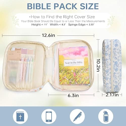 Bible Bag Cover Case for Women Study Supplies Kit Church Book Holder | Bible Study Supplies w/ Tabs Pens Portable Church Book Quilted Large Carrying Case Christian Gifts for Women Girls thumbnail 2
