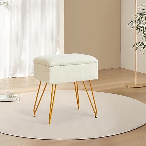 Alessing Vanity Stool Chair Ottoman with Storage, Sherpa Vanity Chair for Makeup Room, Rectangle Vanity Stools with Metal Legs, Soft Makeup Stool Footrest Footstools for Bedroom Living Room, White thumbnail 9