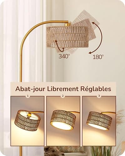 EDISHINE Lampadaire sur Pied Salon, Lampe à Arc avec Abat-jour Double, 2700K-6000K Dimmable en Continu par Télécommande et Pédale, E27 Ampoule LED Fournie, Lampadaire Boho pour Chambre, Doré thumbnail 3