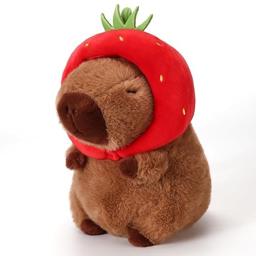 Riuhot Soft Capybara Stuffed Animals Cute Wear Strawberry Hat Capybara Plush Kawaii Plushie Christmas Valentine's Day Birthday for Kids(9in) - Image 1