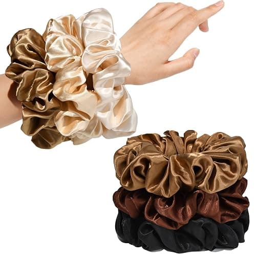 CEELGON Large Silk Satin Scrunchies for Women Big Scrunchies Jumbo Satin Hair Ties Oversized Hair Scrunchies for Thick Curly Hair Pack of 6 (Black,Champagne,Brown,Gold) - Image 1