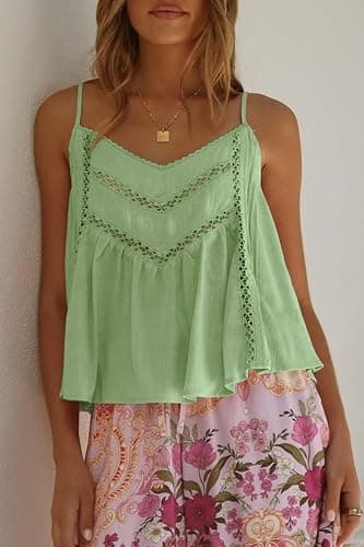 Allimy Womens Casual Adjustable Straps V Neck Linen Pleated Crochet Cami Shirt Tanks Tops thumbnail 2