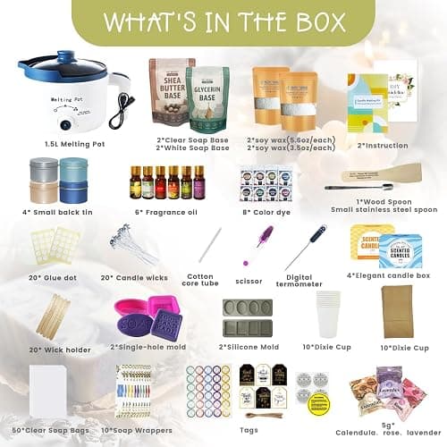 PIUH 2-in-1 Candle & Soap Making Kit for Beginners, All in one Complete DIY Craft Kit to Make Handcrafted Soap Bars + Scented Candles with Melting Pot, Wax, Soap Base, Molds, Fragrance Oils and Dyes thumbnail 2
