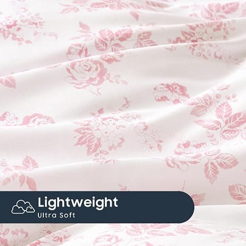 Wake In Cloud - Floral Bed Sheets, 4-Piece Sheet Set, Shabby Chic Botanical Coquette Cottagecore Vintage Flower Pattern Printed Bedding, Deep Pocket, Pink, Queen Size thumbnail 6