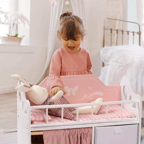 ROBUD Baby Doll Crib, Wooden Doll Bed with Storage and Bedding, of Toy Baby Crib to Kids, Pink Baby Doll Beds Suit for Dolls Under 22 Inches thumbnail 2