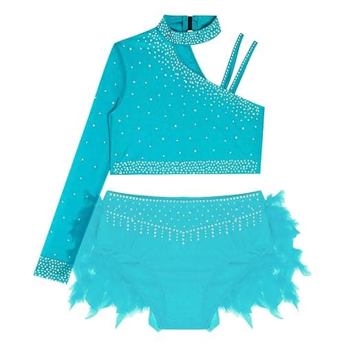 Aislor Girls Crop Top with Feather Briefs Irregular Shoulder Dance Outfits 2 Piece Jazz Latin Dance Costume thumbnail 2