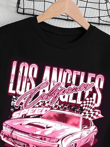 WDIRARA Girl's Car Letter Graphic Print Round Neck Short Sleeve Tee Summer Casual T Shirt thumbnail 4