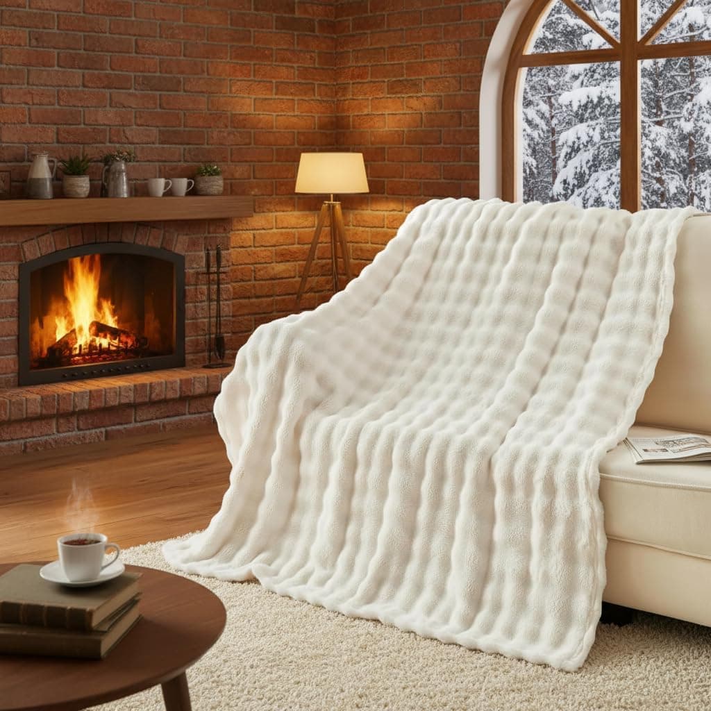 Faux Fur Throw Blanket for Couch,Fluffy Soft Plush Thick Bubble Blanket for Sofa Bedroom Living Room, Cozy Reversible Blankets, White, 150cmx100cm thumbnail 8
