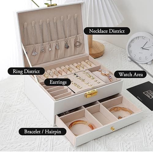TAVADA Scatola Portagioie,2 Livelli, Porta Gioielli Donna,Porta Gioielli da Viaggio Ragazza in Pelle PU,Idea Regalo,Inclusi 3 panni per lucidare l'argento,per Anelli, Orecchini, Collane,Bianco thumbnail 6