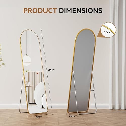 Warmiehomy Arched Full Length Mirror, 160X50cm Large Full Body Floor Standing Mirror, Hanging or Leaning Against Wall for Bedroom Cloakroom, Gold thumbnail 2