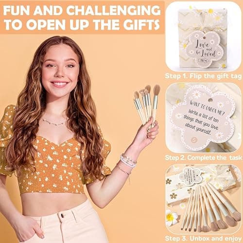 Christmas Gifts for Tween & Teen Girls - 8 PCS Birthday Gifts Basket Teen Girls Trendy Stuff w/ Fun Task Tags Make up Brushes & Bag, Empower Advent Calendar Wrapped Gifts Box for Daughter Niece Sister thumbnail 5