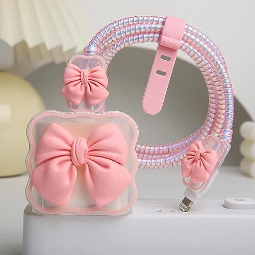 QLD COVER Compatible with iPhone 18W/20W USB-C Charger Cover Cute 3D Bow Tie Design Clear Soft Charger Protector Kawaii Cable Saver for iPhone 11 12 13 14 Pro Max Fast Power Adapter, Pink 2 (5in1) thumbnail 4