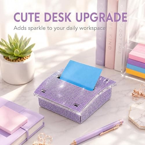 Rhinestone Sticky Note Holder for Desk, 4x4 Inch, with 100 Sheet Notepad | Bling Note Dispenser Office Desk Accessories Pop Up Note Holder for Cute Office Desk Accessories Women Coworker Gifts, Purple thumbnail 9