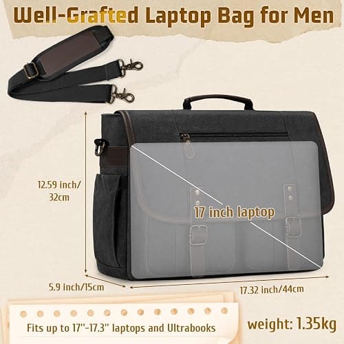 RAINSMORE Canvas Messenger Bag Men 17-17.3 Inch Laptop Bag Computer Briefcase Water Resistant Satchel Bag for Men Work Office thumbnail 6