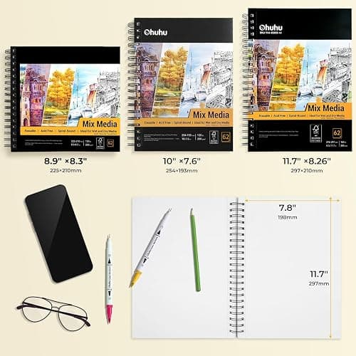 Ohuhu A4 Skizzenbuch Mischtechnik - 200g/m² säurefreies Papier (124 Seiten/62 Blatt), Spiralbindung Zeichenbuch A4 für Aquarell, Acryl & Bleistift, Sketchbook Ideal für Nass- & Trockentechniken thumbnail 7