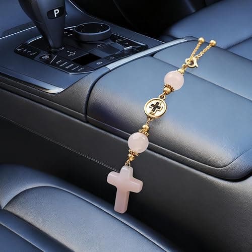 Car Rear View Mirror Accessories Car Hanging Ornament, Cross Unique Rearview Decor Charm Rose Quartz Crystal Beads Cross Swinging Interior Decor for Women Men (Pink) thumbnail 5