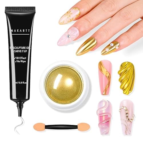 Makartt 3D Nail Gel for Nail Art and Gold Chrome Powder Kit, Clear No Wipe 3D Sculpting Gel Polish for Nail Charms, Metallic Effect Mirror Powder for Nail Decoration Manicure - Image 1