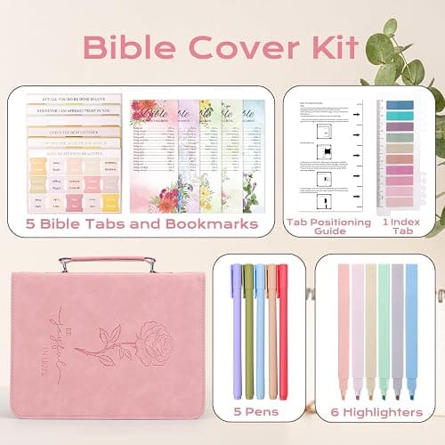 XKDOUS 24 Pcs Bible Covers Kit, Bible Carrying Case Large Church Bag w/Bible Study Supplies, Tabs, Pens, Bookmarks, Leather Book Holder Case Christian Gifts for Mom Women Lady thumbnail 5