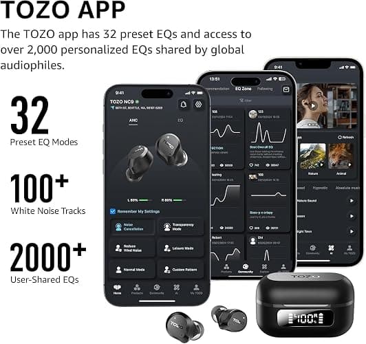 TOZO NC9 Hybrid Active Noise Cancelling Wireless Earbuds, 6 Mics ENC Clear Call, IPX8 Waterproof, in Ear Bluetooth 5.3 Headphones Stereo Bass Ear Buds 59H Playtime with LED Display 32 EQs via APP thumbnail 5