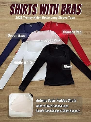 Danysu Double Lined Long Sleeve Tops with Built in Bra for Women Square Neck Basic Slim Crop Fall T-Shirts thumbnail 3