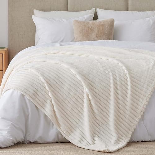 BEDELITE Blankets Queen Size for Bed, 300GSM Soft & Warm Fleece Blanket, Decorative and Giftable Striped Cream White Blankets for Women, Men, 90"x90" thumbnail 2