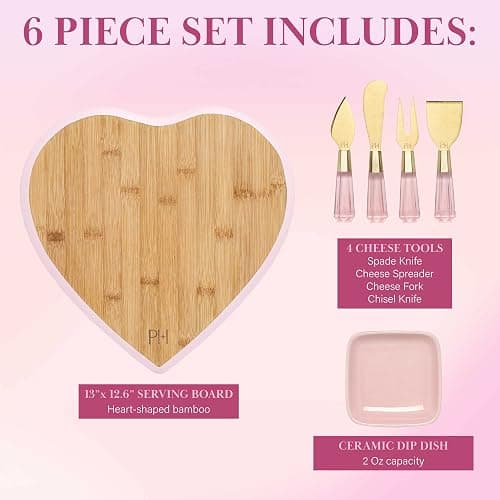 Paris Hilton Charcuterie Board and Serving Set, Bamboo Serving Board, Ceramic Dish, Cheese Utensils with Titanium Coated Blades, 6-Piece Set, Pink thumbnail 4