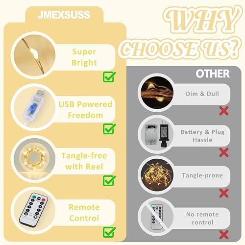 JMEXSUSS USB Fairy Lights for Bedroom, 33ft 100 LED Twinkle Lights Plug in with Remote, Indoor String Light for Dorm Girl's Room Tent DIY Birthday Gift Party Decor, Silver Wire, Warm White,Timer thumbnail 8